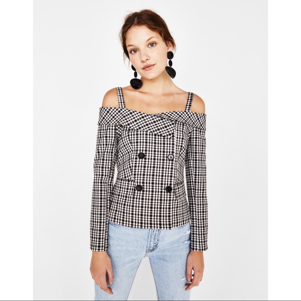 Bershka Plaid blazer with Bardot neckline